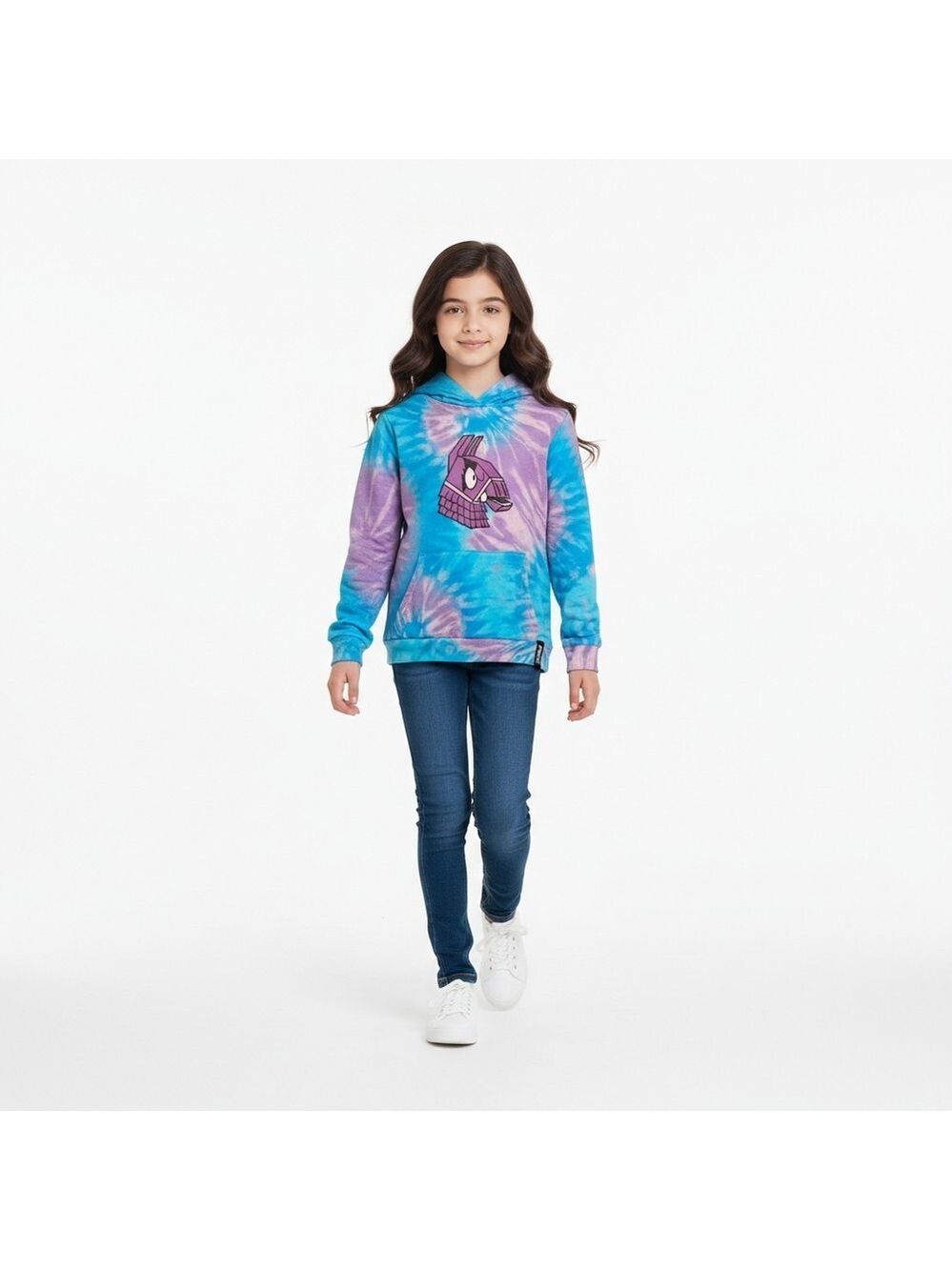 Fortnite Llama Tie Dye Hoodie Girls M (7/8) Purple Blue Pullover Sweatshirt